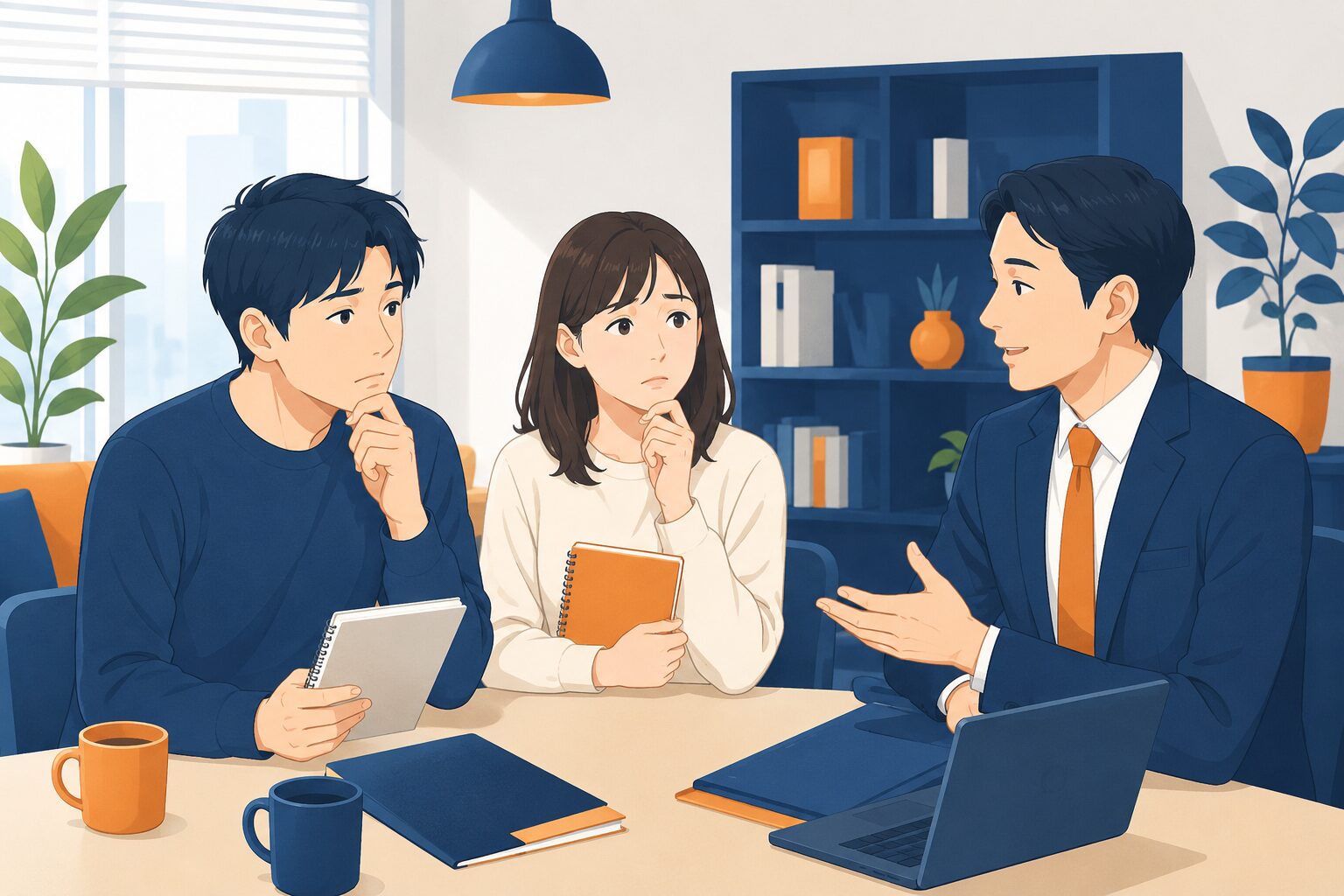 就活の基礎が分からず悩む20代の若者と、隣でアドバイスをするアドバイザーを描いたイラスト