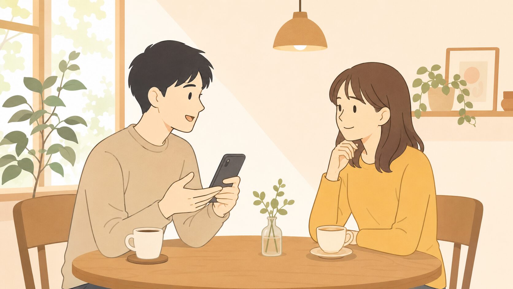 就活エージェントの費用について友人同士で話し合う20代の男女のイラスト